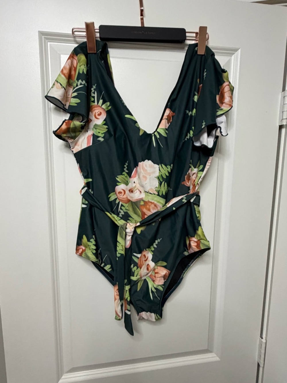 Size XL - Floral One-Piece Swimsuit in Dark Green with Ruffle Sleeves